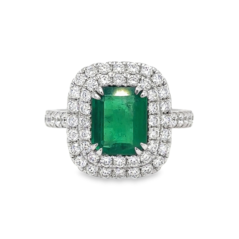 Double Halo Diamond and Emerald Ring