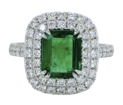 Double Halo Diamond and Emerald Ring