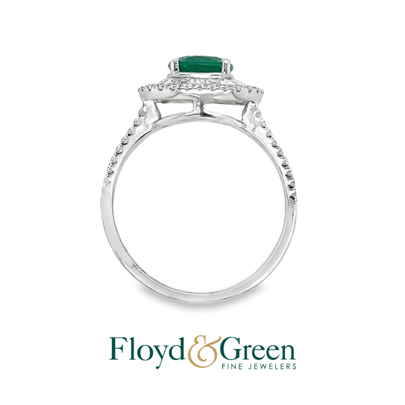 Emerald and Baguette Diamond Halo Ring