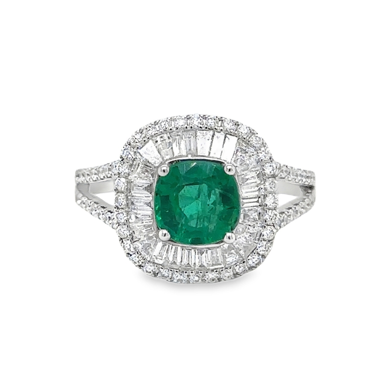 Emerald and Baguette Diamond Halo Ring