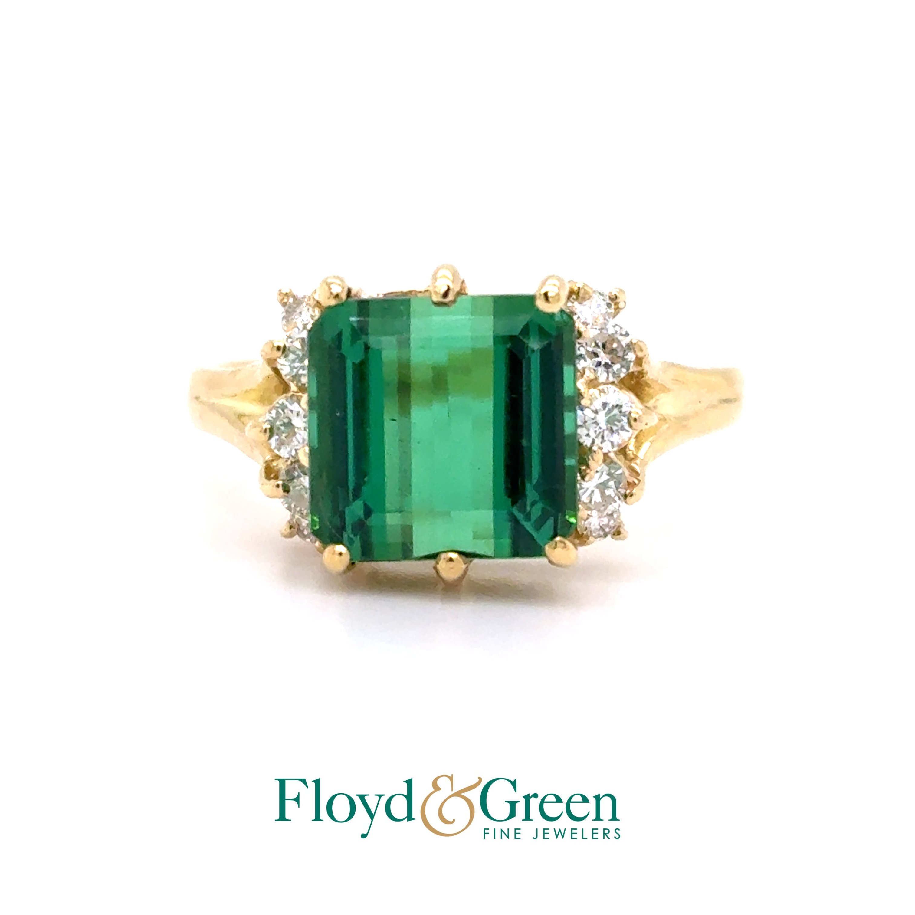 18KY Diamond & Green Tourmaline Ring, 1 Square-shaped Tourmaline, 4.50ct,10 Rd Diamonds, 0.24ct, H VS1, Size 9.25