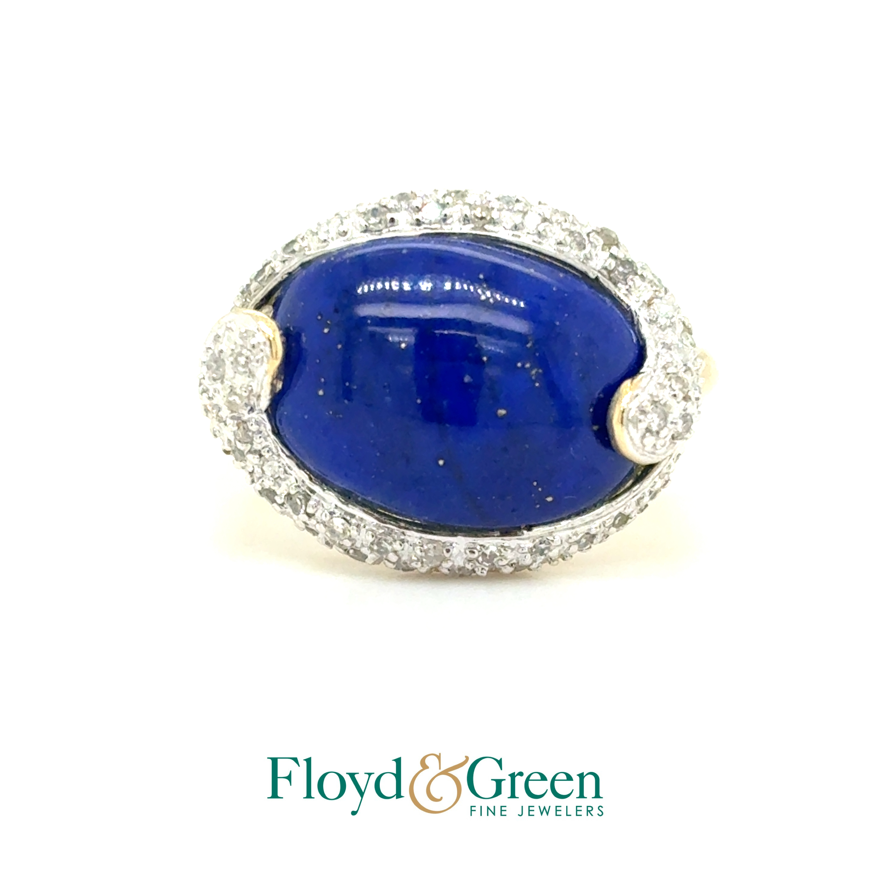 14K Two-Tone Diamond & Lapis Ring, 46 Single-cut Dia, 0.23ct, H-I VS2, 1 Oval Lapis, 4.42ct, Size 7