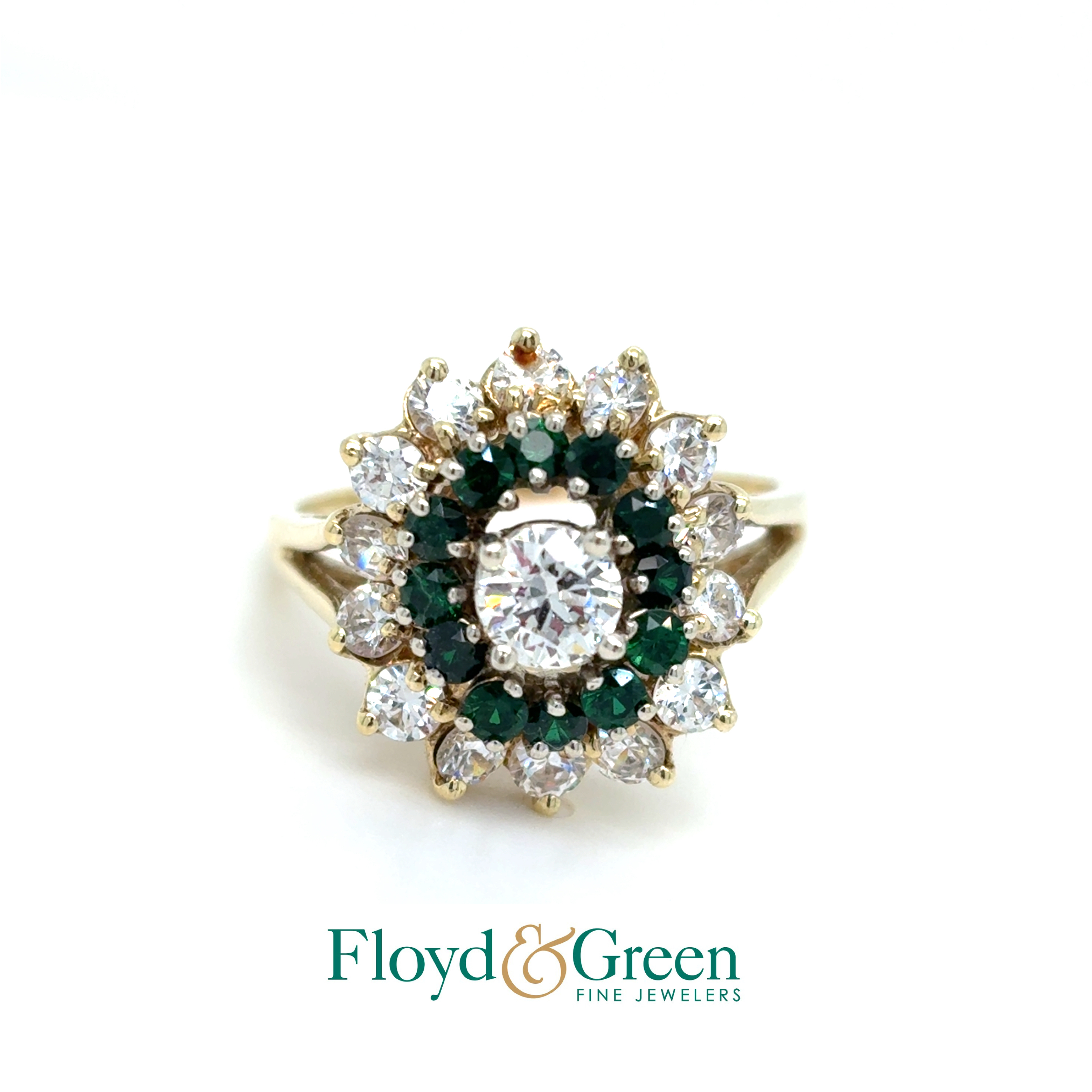14K Two-Tone Diamond, Goshenites, & Synthetic Spinels Ring, Size 8.5, 1 Rd, Dia, 0.47ct, H VS1, 14 Rd Goshenites, 0.77ct, 12 Rd Synthetic Spinels, 0.54ct
