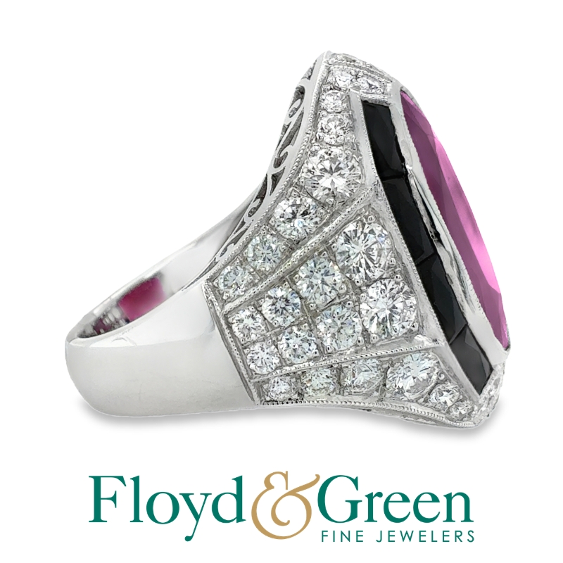 Platinum pave diamond 2.57ctw G-H/VS, oval ruby 16.63ct and black onyx ring size 6.5