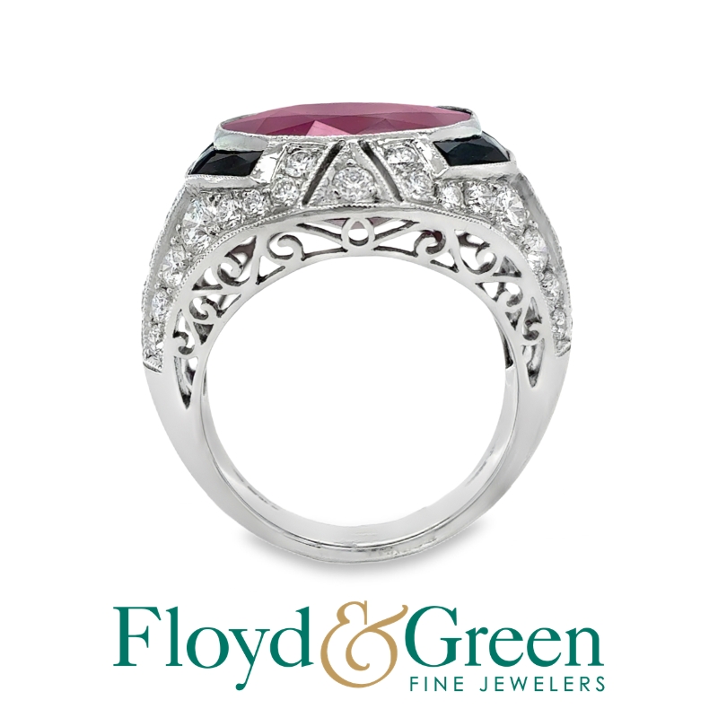 Platinum pave diamond 2.57ctw G-H/VS, oval ruby 16.63ct and black onyx ring size 6.5