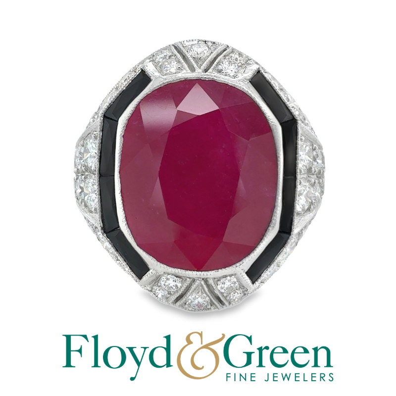 Platinum pave diamond 2.57ctw G-H/VS, oval ruby 16.63ct and black onyx ring size 6.5