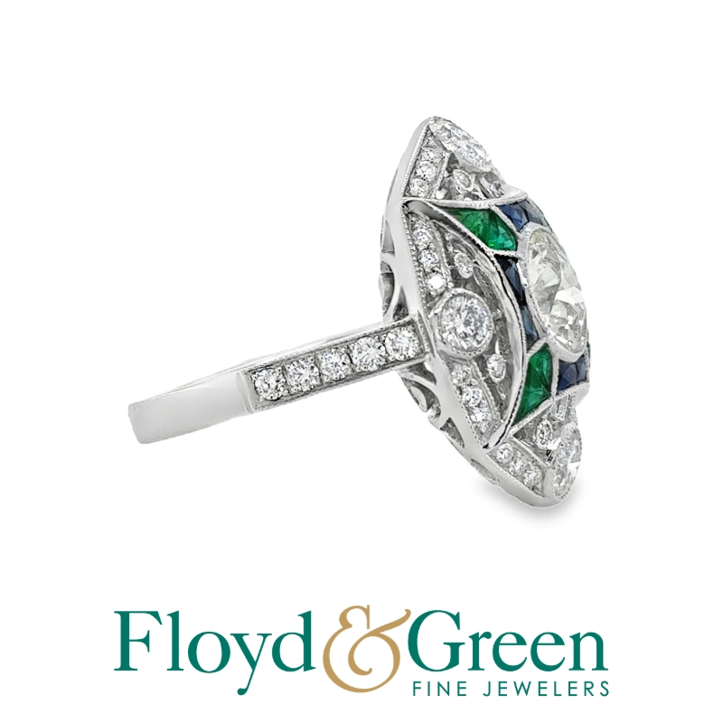 Platinum old eruo diamonds 1.00ct O-P/VSI, sapphires 0.39ctw and emerald 0.35ctw ring size 6.5