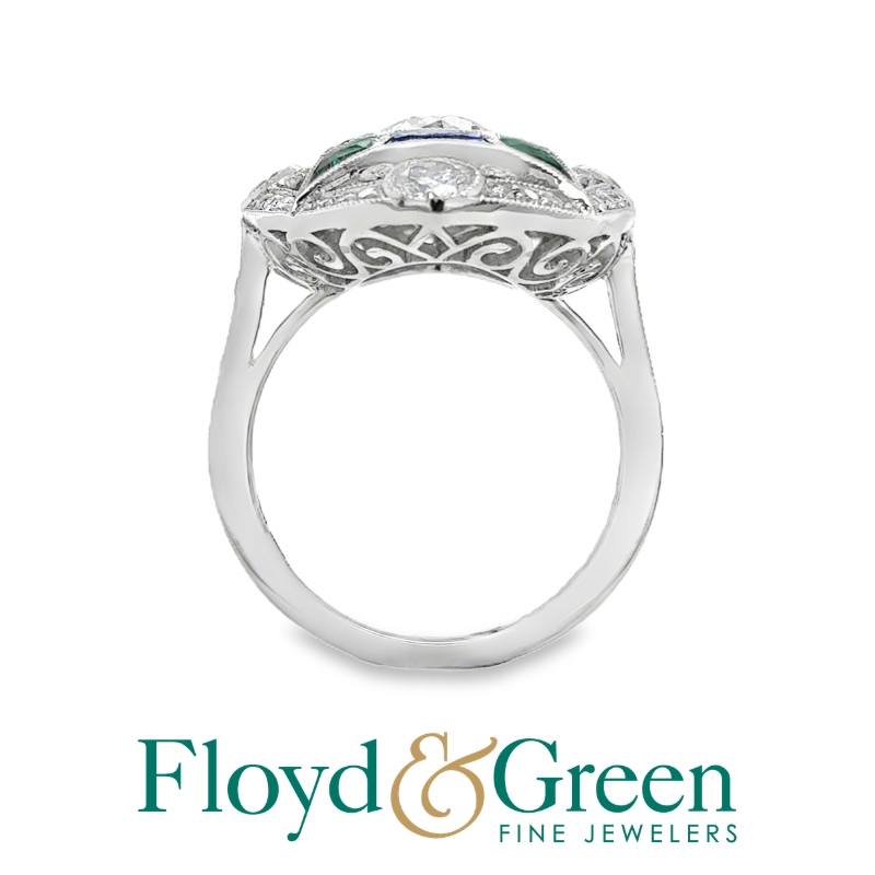 Platinum old eruo diamonds 1.00ct O-P/VSI, sapphires 0.39ctw and emerald 0.35ctw ring size 6.5