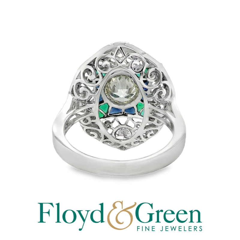 Platinum old eruo diamonds 1.00ct O-P/VSI, sapphires 0.39ctw and emerald 0.35ctw ring size 6.5