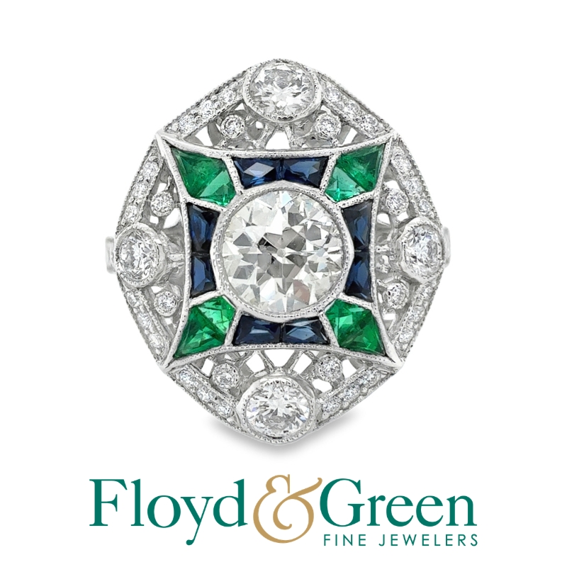 Platinum old eruo diamonds 1.00ct O-P/VSI, sapphires 0.39ctw and emerald 0.35ctw ring size 6.5