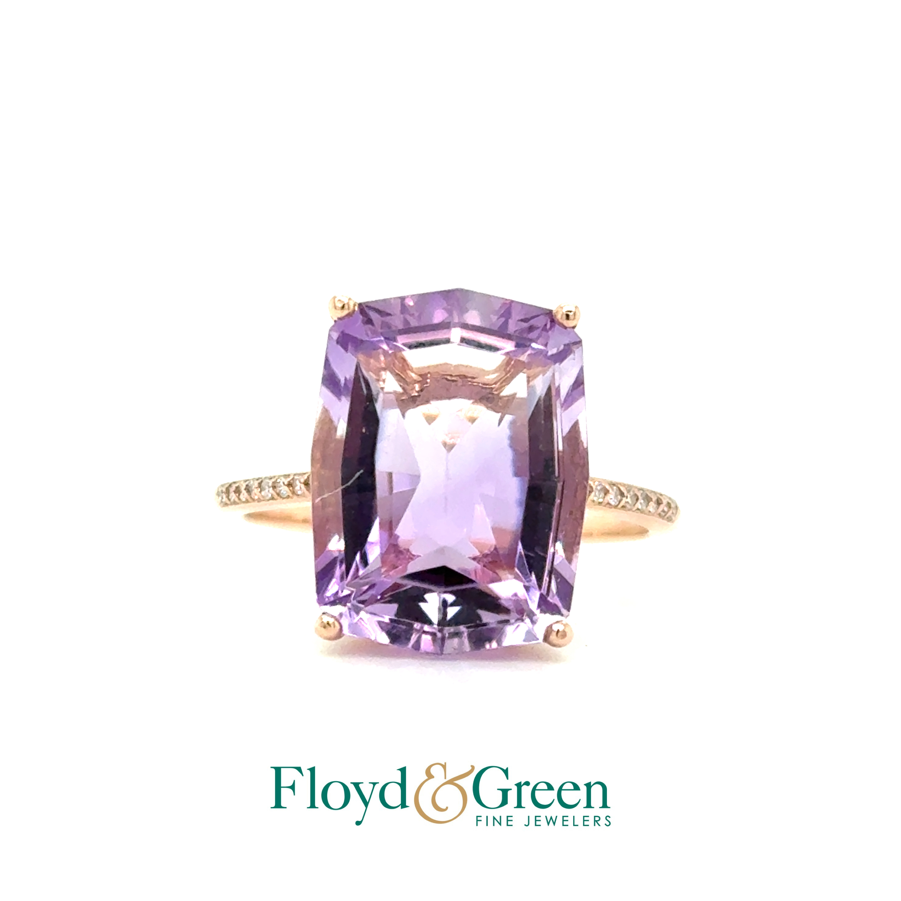 14KR Diamond and Amethyst Ring, 1 Rectangular Amethyst, 10ct, 18 Single-cut Diamonds, 0.09ct, VS1, Size 8.75