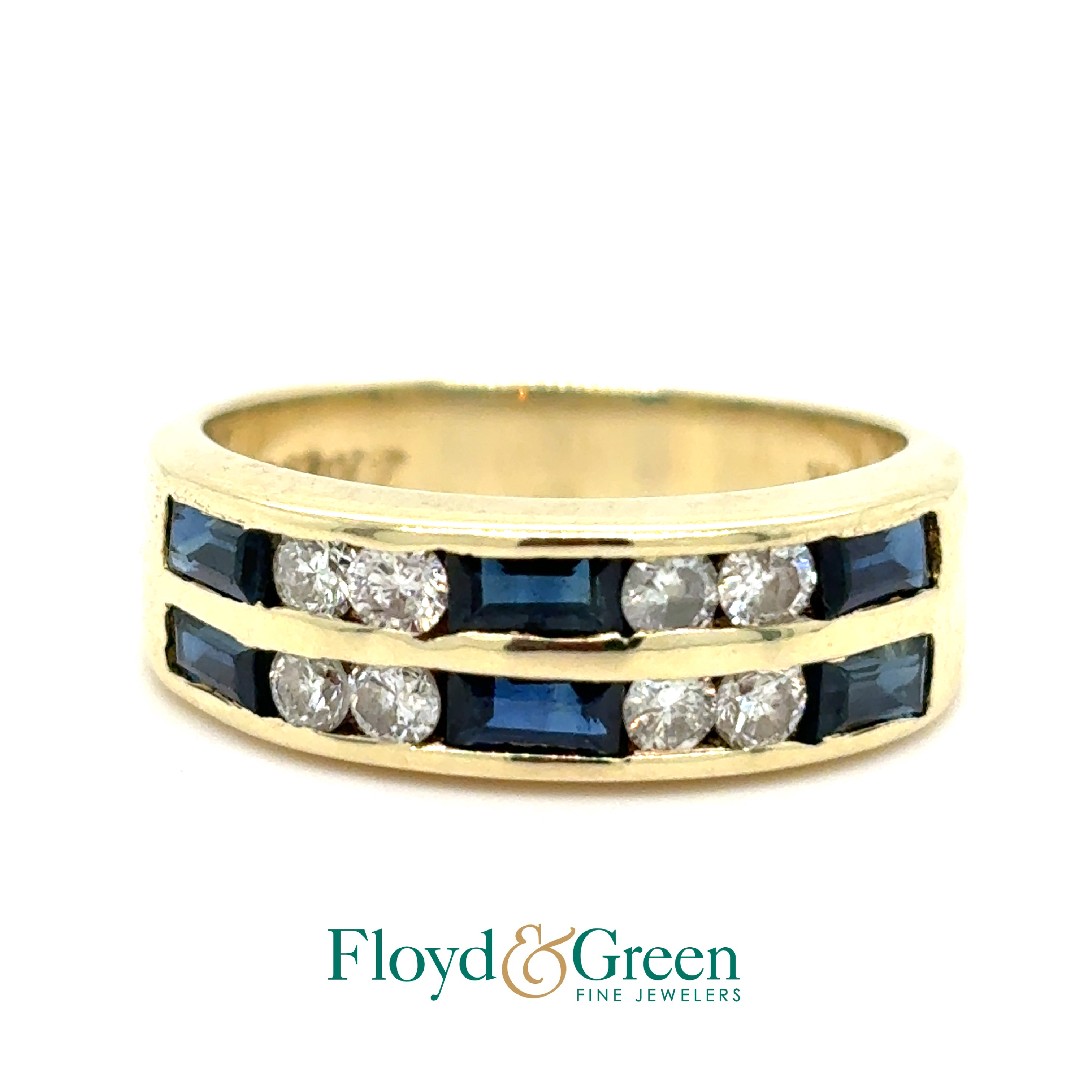 14KY Diamond & Sapphire Ring, 8 Rd Dia, 0.28ct, H VS2, 6 Baguette Sapphires, 0.72ct, Size 7