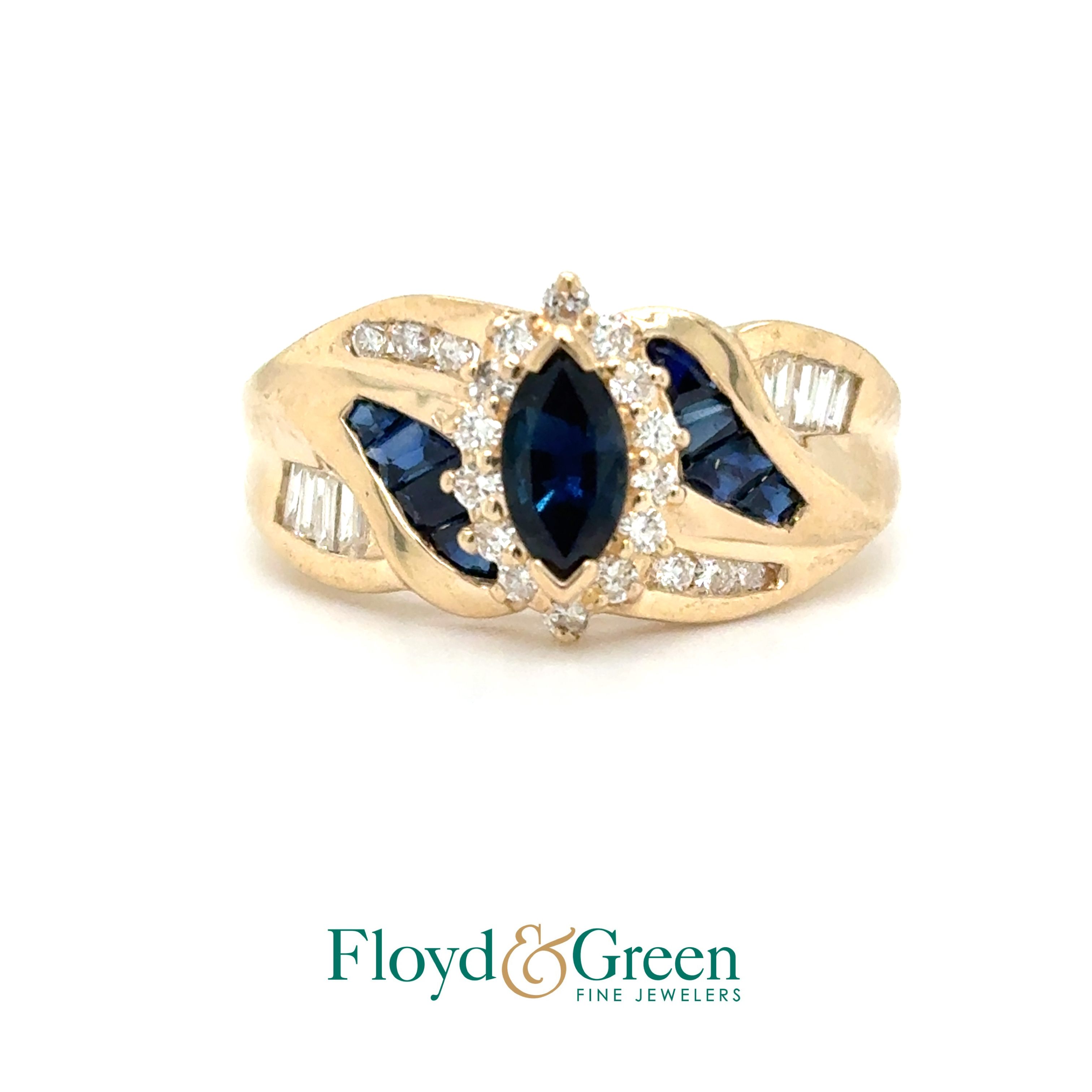 14KY Diamond & Sapphire Ring, 24 Dia, 0.31ct, H-I VS2, 1 Blue Marq Sapphire, 0.90ct, 8 Blue Sapphires, 0.48ct, Size 7