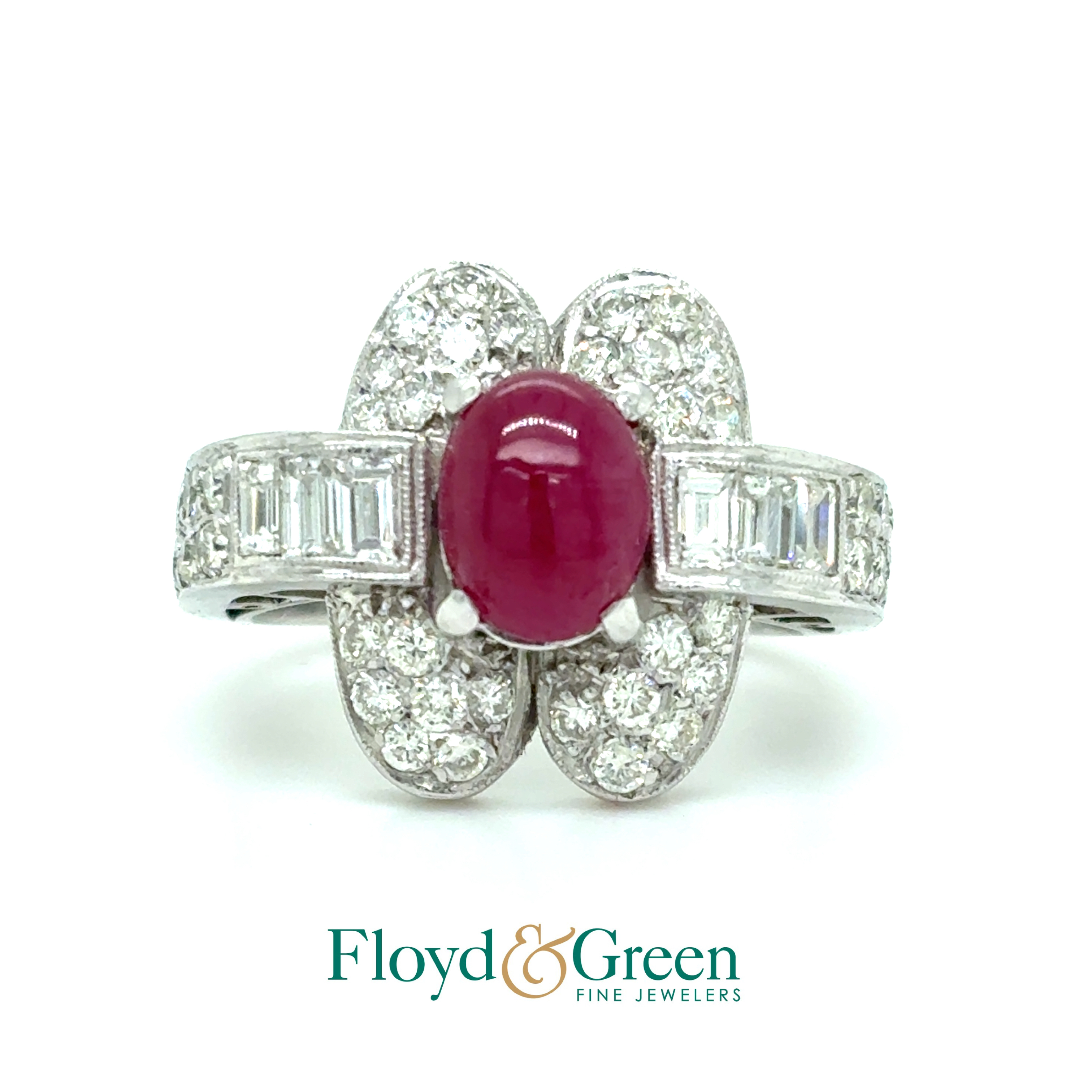 Platinum Diamond & Ruby Ring, 46 Diamonds, 1.18ct, G VS1-VS2, 1 Oval Ruby, 1.18ct, Strongly Purplish Red, Size 5.75