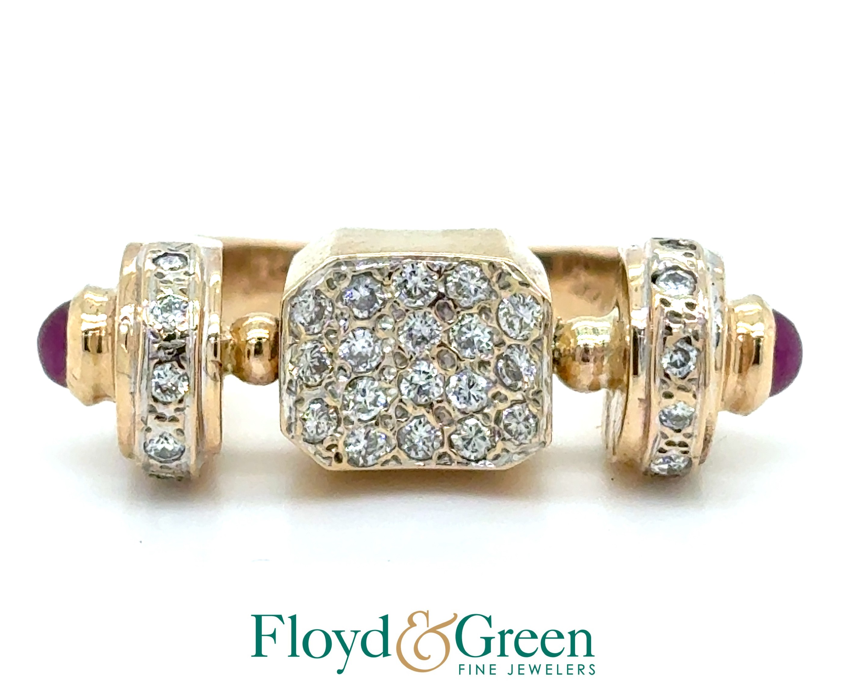 14K Two-Tone Diamond, Ruby, & Jadeite Reversible Ring, 30 Rd Diamonds, 0.54ct, H VS2, 2 Rd Rubies, 0.34ct, 1 Sq Jadeite, 0.56ct, Size 5