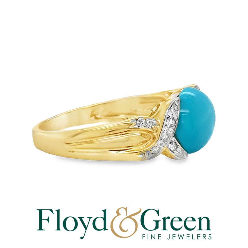 14K Two-Tone Turquoise & Diamond Ring, 1 Oval Turquoise, 1.84ct, 14 Rd Dia, 0.14ct, H VS2, Size 9