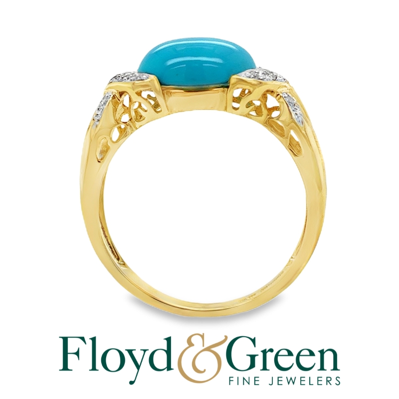 14K Two-Tone Turquoise & Diamond Ring, 1 Oval Turquoise, 1.84ct, 14 Rd Dia, 0.14ct, H VS2, Size 9