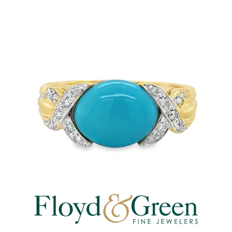 14K Two-Tone Turquoise & Diamond Ring, 1 Oval Turquoise, 1.84ct, 14 Rd Dia, 0.14ct, H VS2, Size 9