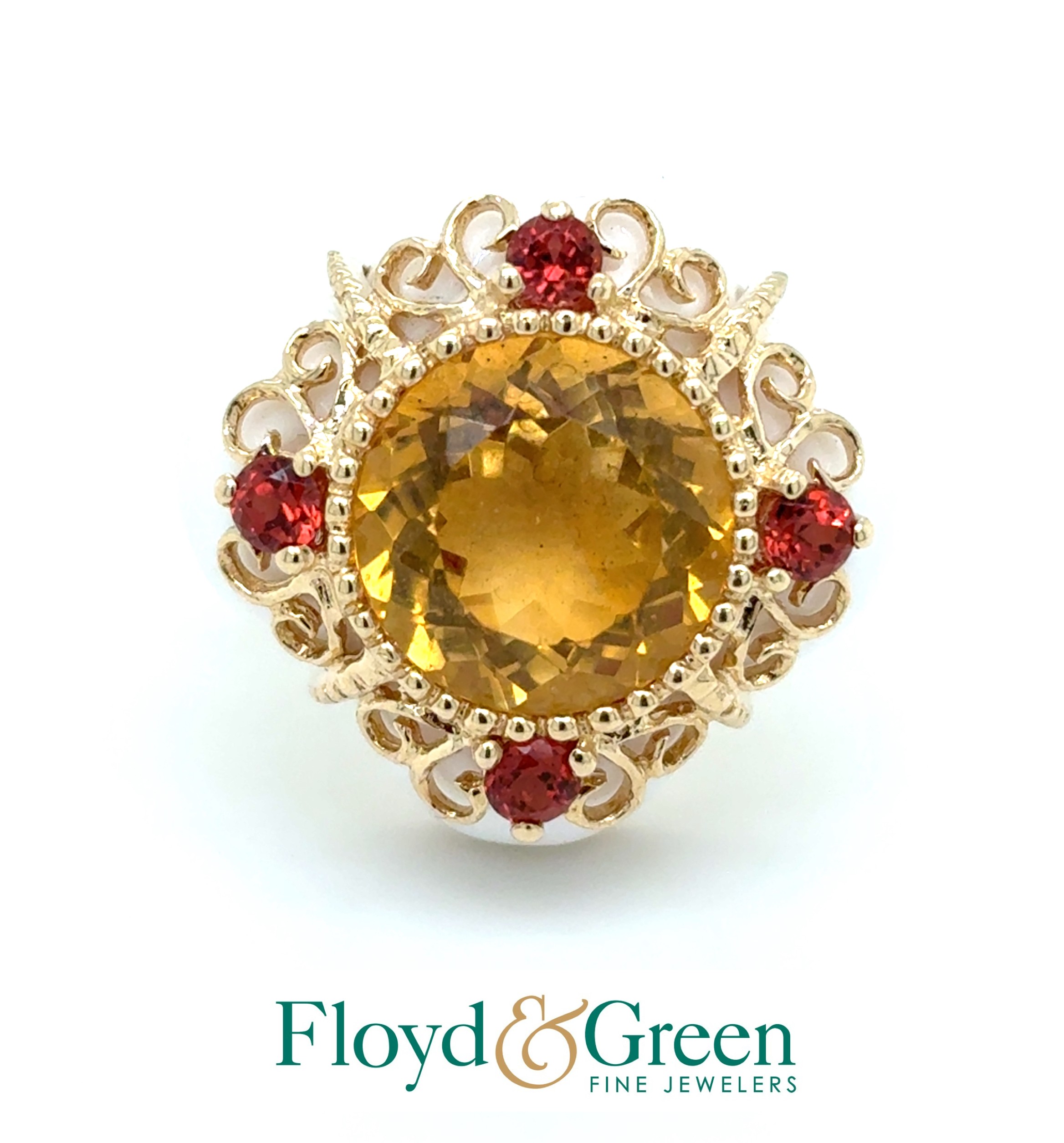 14KY Citrine & Garnet Ring, Size 9, 1 Rd Citrine, 3.41ct, Orangy Yellow, 4 Rd Garnets, 0.32ct, Reddish Orange, 4 White Onyx Composite Oblong Sections