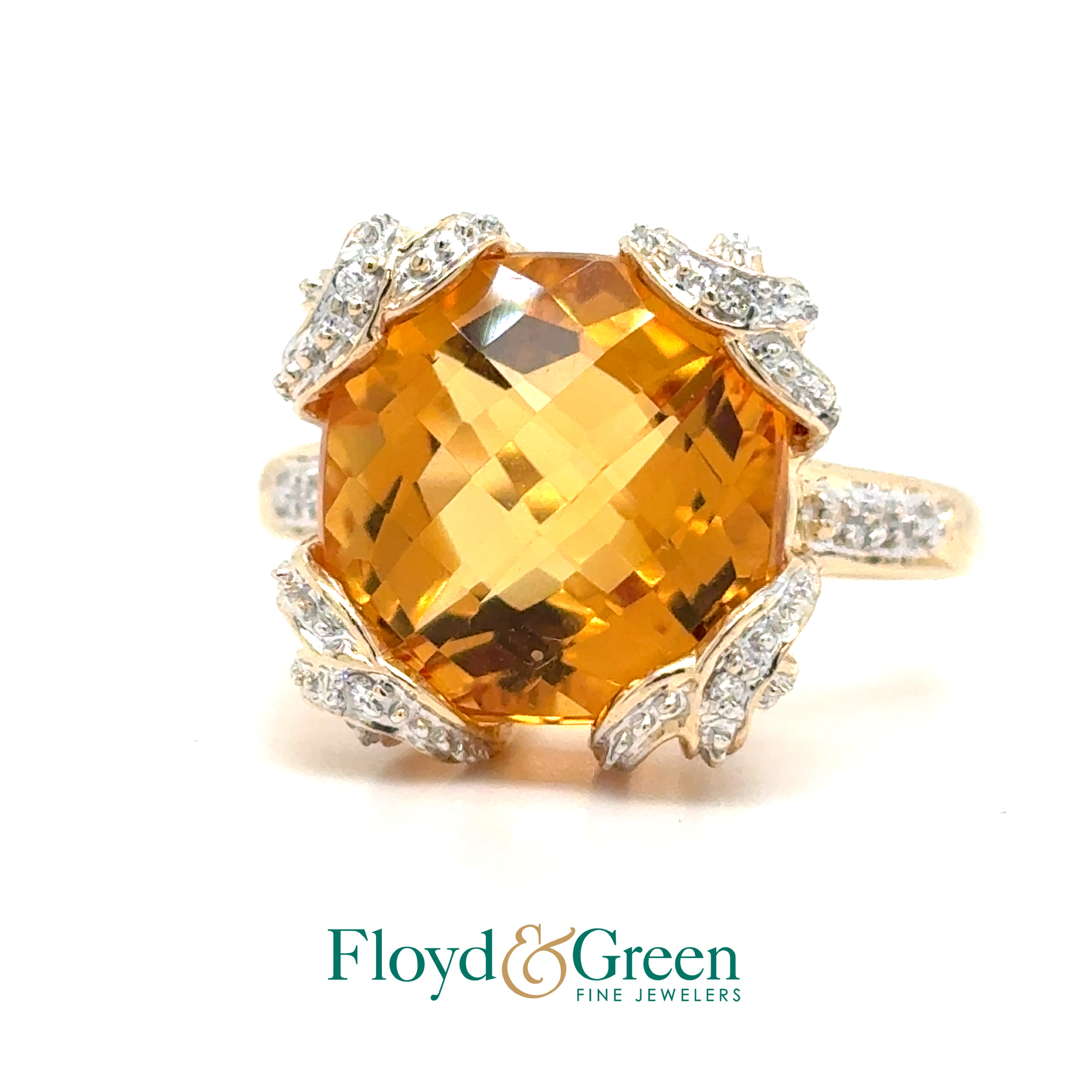 14K Two-Tone Citrine & Diamond Ring, 1 Sq Checkerboard Citrine, 8.93ct, 8 Rd Dia. 0.04ct, H SI1, Size 9