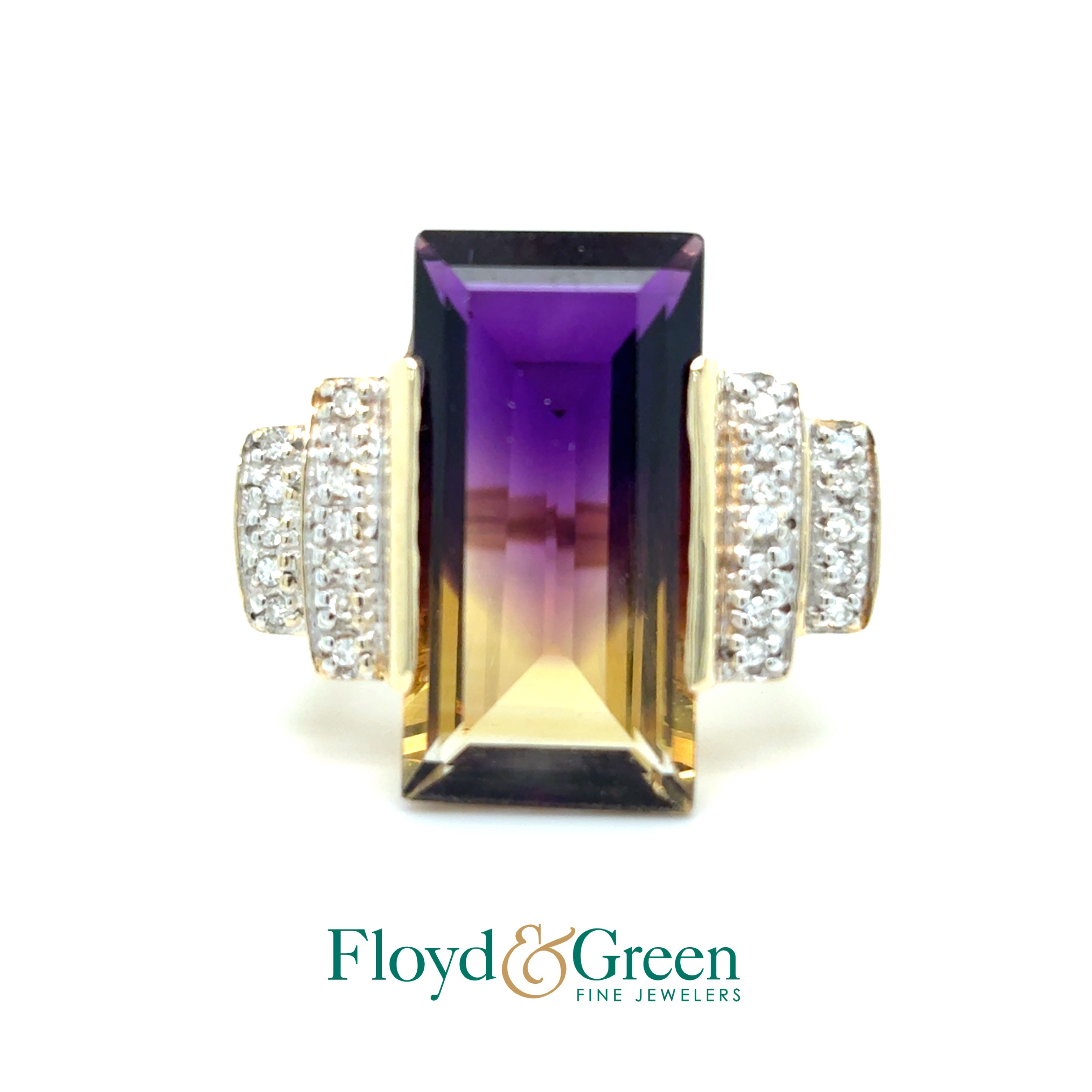 14K Two-Tone Ametrine & Diamond Ring, 1 Rect Ametrine, 15ct, 24 Single-cut Dia, 0.12ct, H VS1, Size 8.5