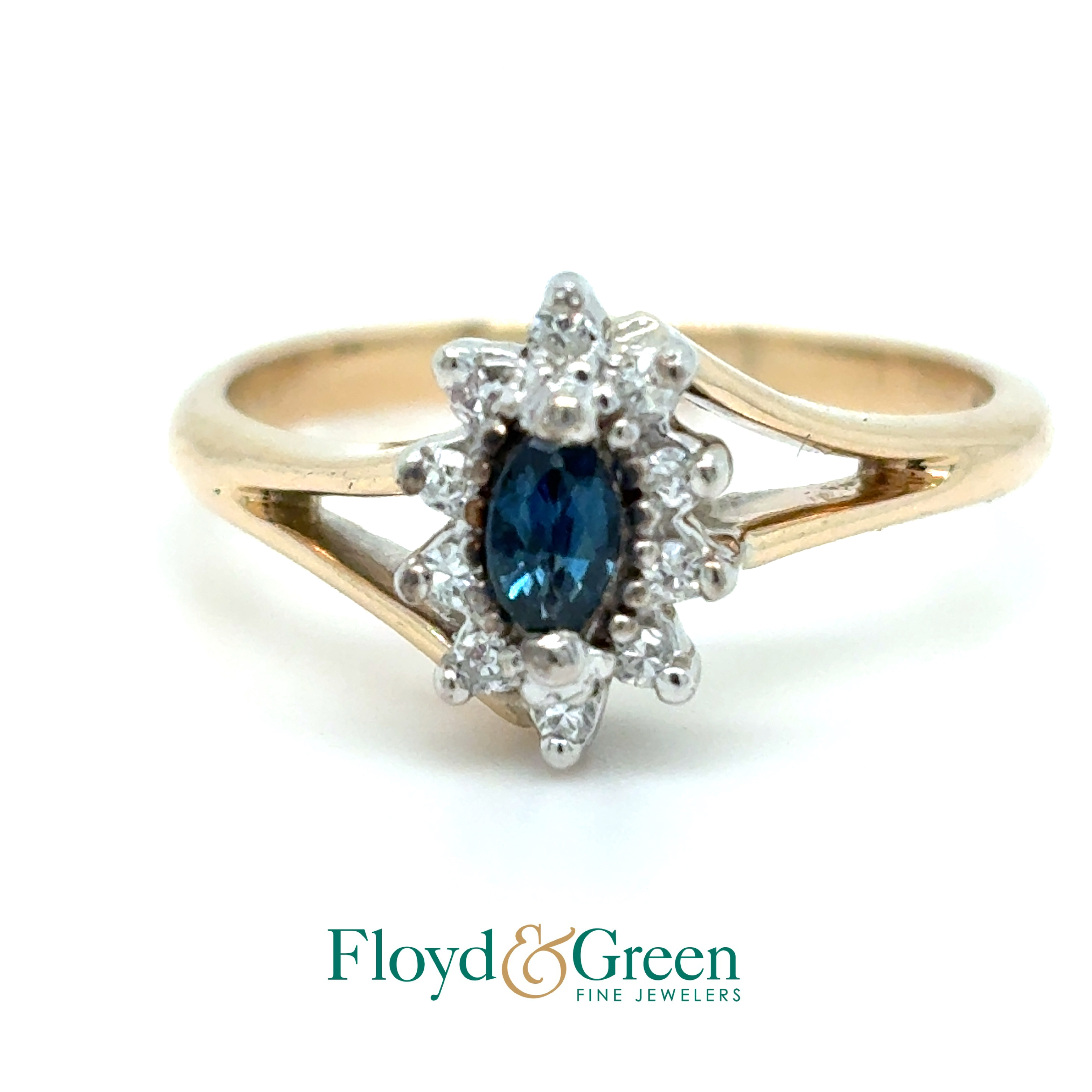 10K Two-Tone Sapphire & Diamond Ring, 1 Marq Blue Sapphire, 0.13ct, 10 Single-cut Dia, 0.14ct, J VS2-SI1, Size 7.5