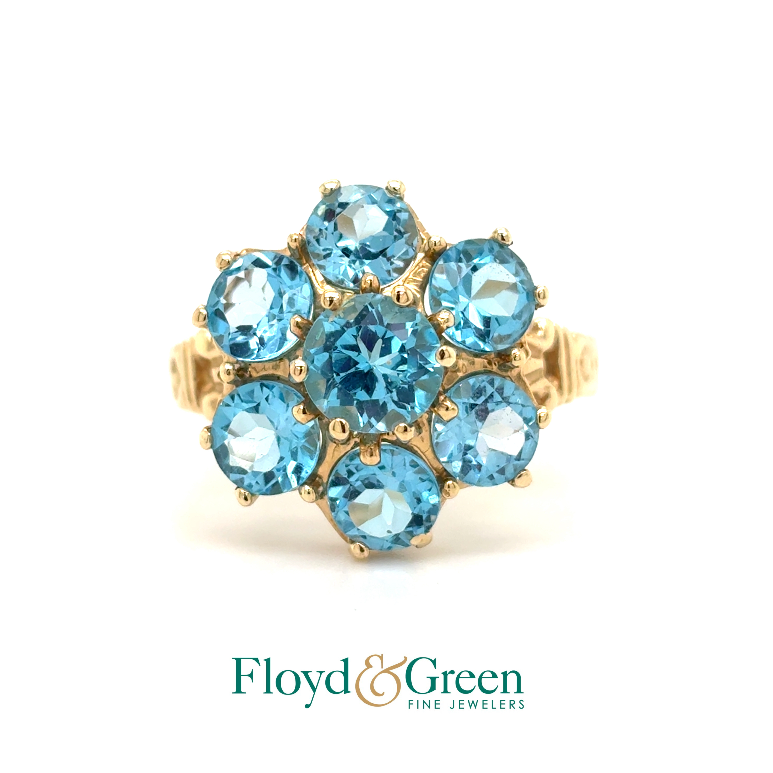 10KY Ring with 6 Round Light Blue Euclase Stones, Size 9.5, 4.2g