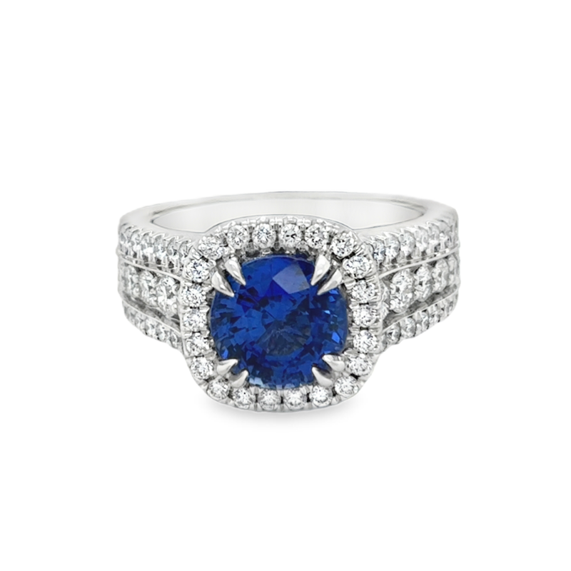 18KW Sapphire 2.82ct and Diamond 1.088ctw H-I/SI2 Halo Ring Size 6.5