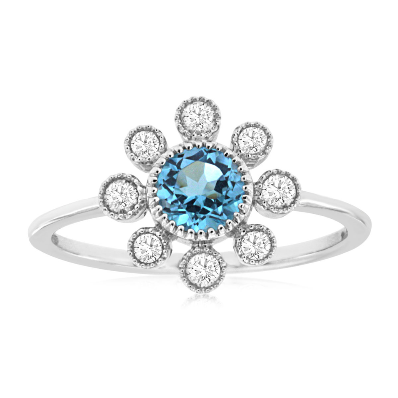 14KW round blue topaz 0.55ct and diamonds 0.19ctw flower ring size 7.25