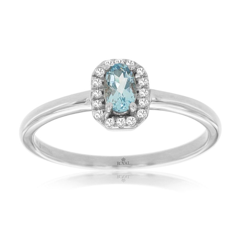 14KW oval aqua 0.15ct and diamond 0.06ctw halo ring size 7.25