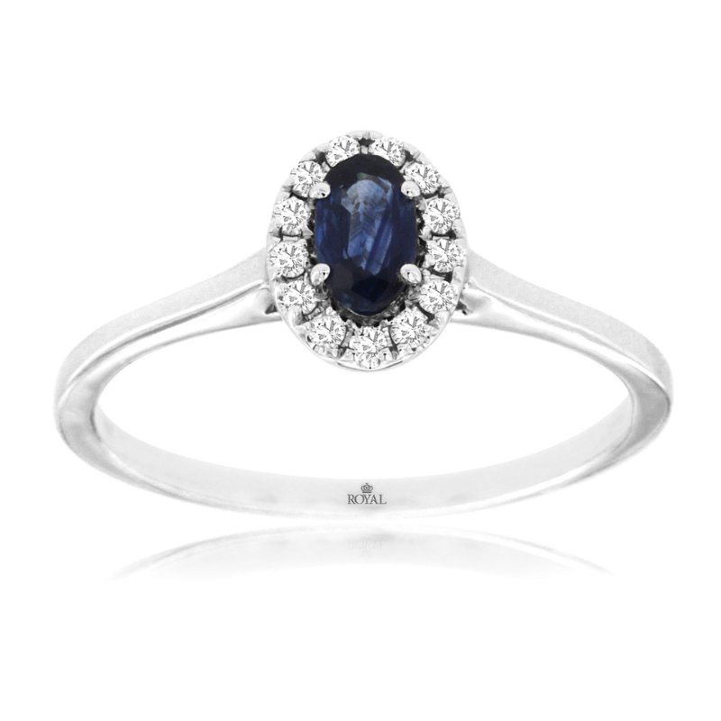 14KW oval sapphire 0.28ct and diamond 0.1ctw halo ring size 7