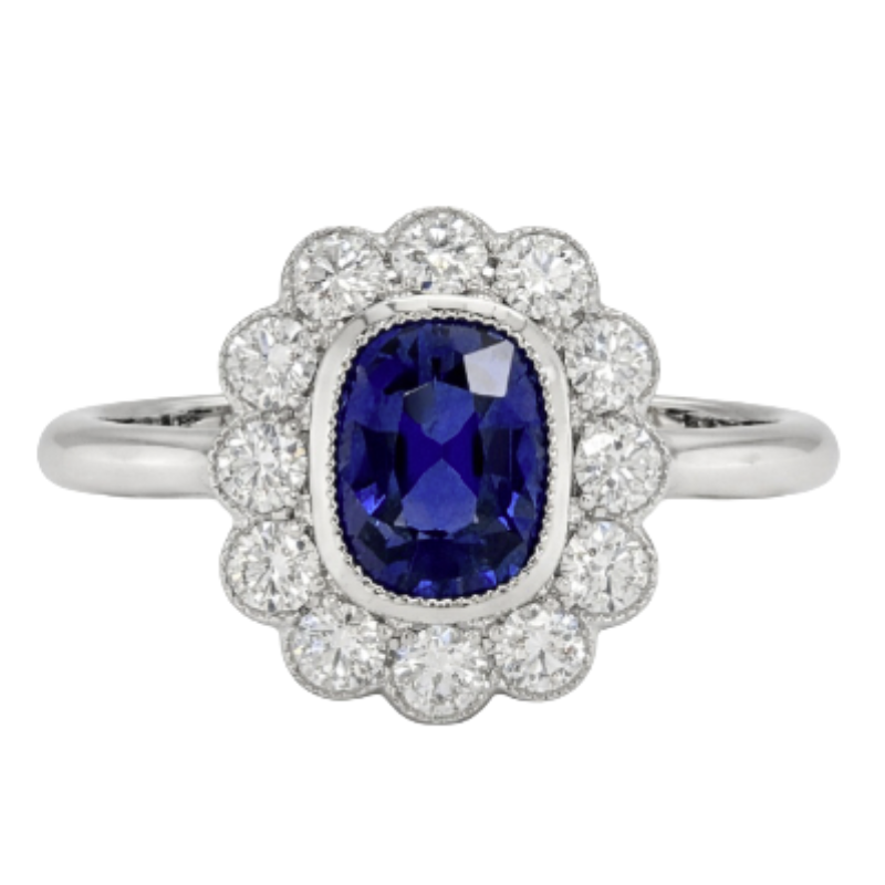 18KW sapphire 1.08ct and diamond 0.67ctw G-H/VS2-SI1 flower ring 6.75