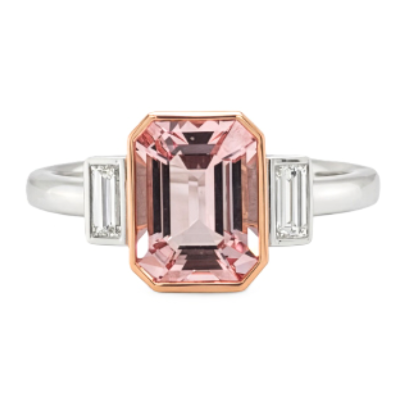 18KW/R bezel set morganite 1.97ct and diamond 0.25ctw ring size 6.5