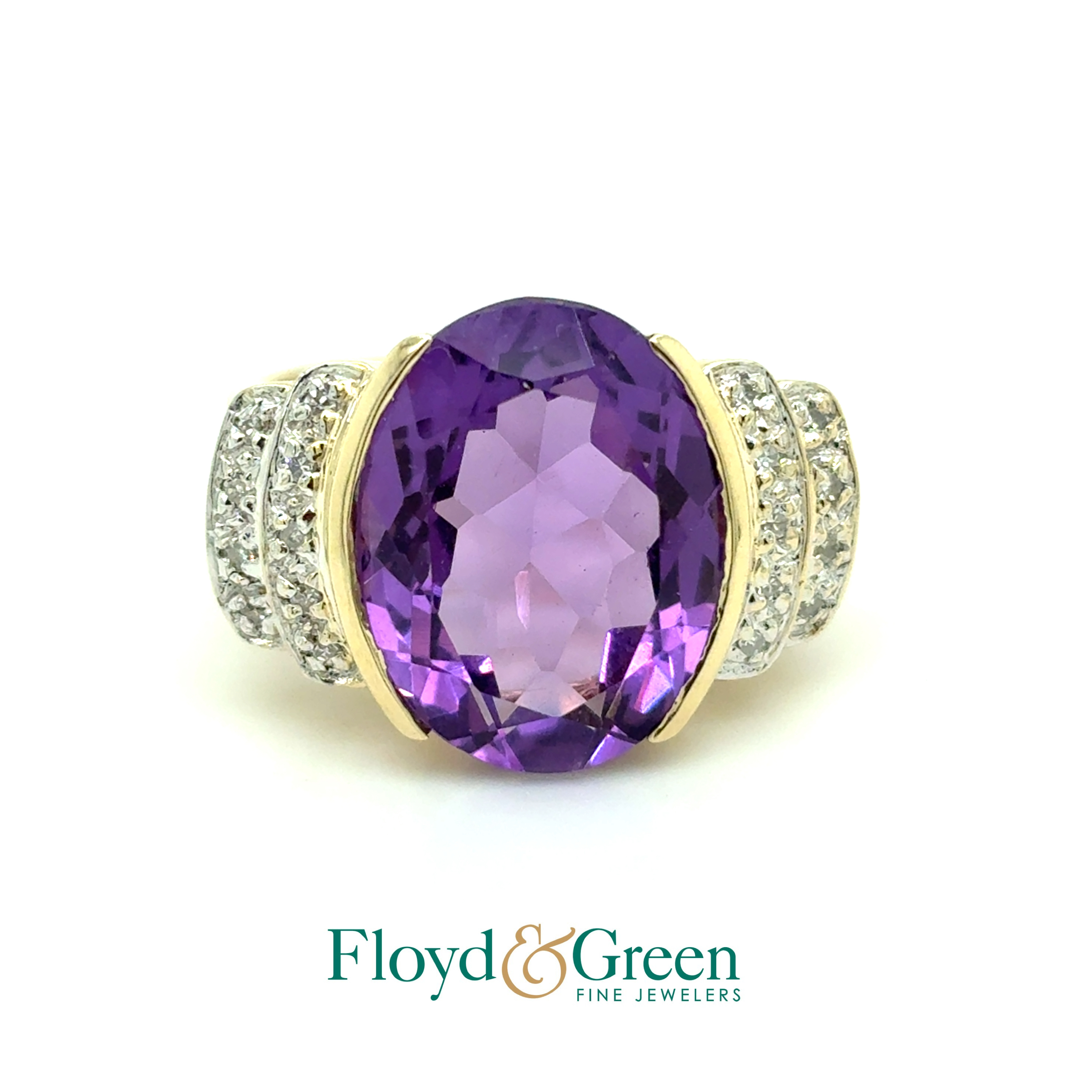 14KY Amethyst & Diamond Ring, Oval Amethyst, 7.32ct, 18 Single-cut Diamonds, 0.11ct, H VS1, Size 7