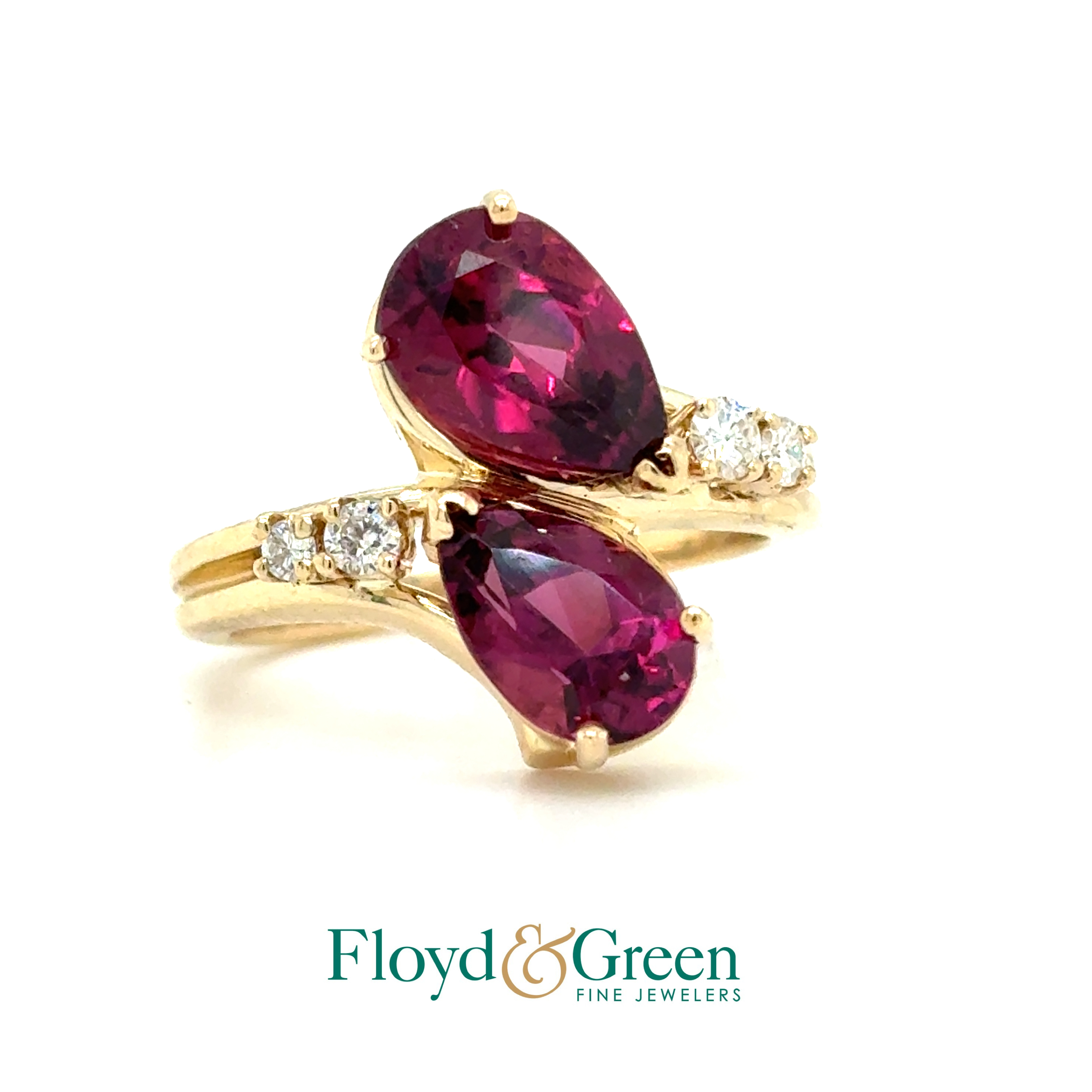14KY Diamond & Garnet Ring, 4 Round Diamonds, 0.17ct, H VS1, 2 Pear-shaped Garnets, 4.29ct, Size 6.5