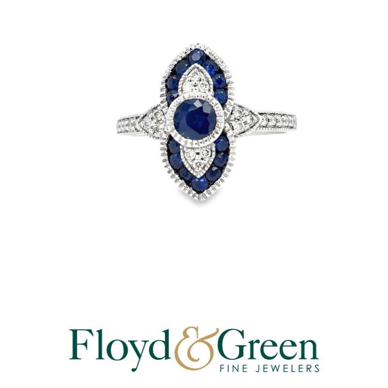 14KW Diamond & Sapphire Ring, 34 Rd Dia, 0.27ct, H VS2-SI1, 1 RD Blue Sapphire, 0.42ct,  14 Rd Blue Sapphires, 0.24ct, Sizze 7.25