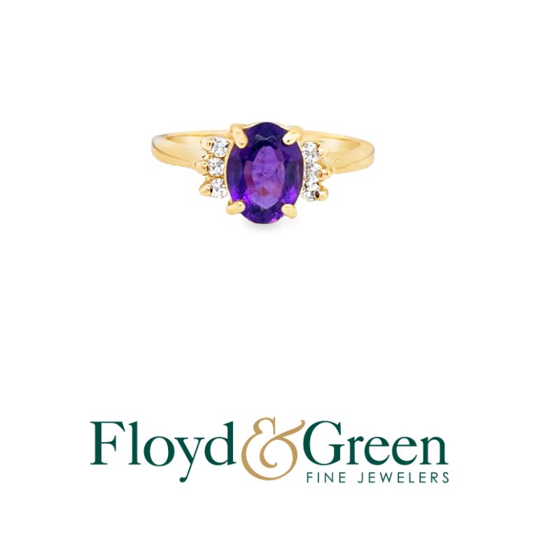 10KY Diamond & Amethyst Ring, 6 Single-cut Dia, 0.09ct, I VS1, 1 Oval Amethyst, 1.13ct, Size 5.25