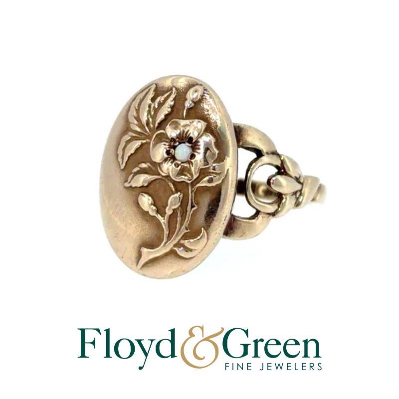 Antique Art Nouveau 9K Yellow Gold Opal Floral Ring