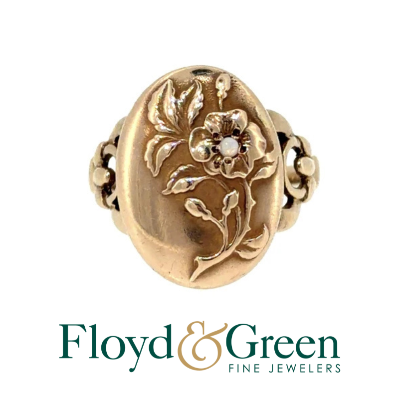 Antique Art Nouveau 9K Yellow Gold Opal Floral Ring