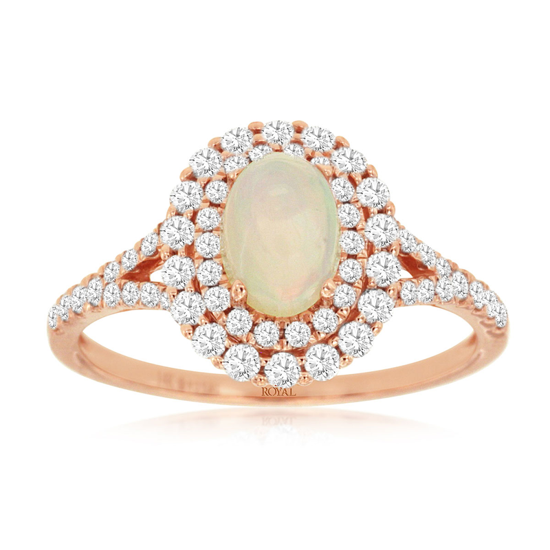 14KR 0.5ct opal with 0.5ctw G-H/SI diamond double halo ring size 7