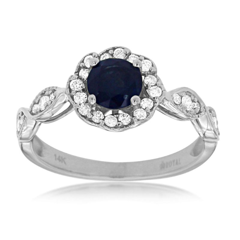 14K White Gold Sapphire Scalloped Halo Ring