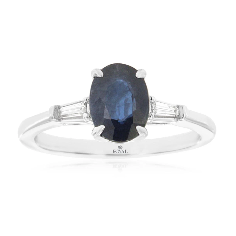 14KW 1.47ct oval sapphire and 0.11ctw G-H/SI baguette diamond ring size 7