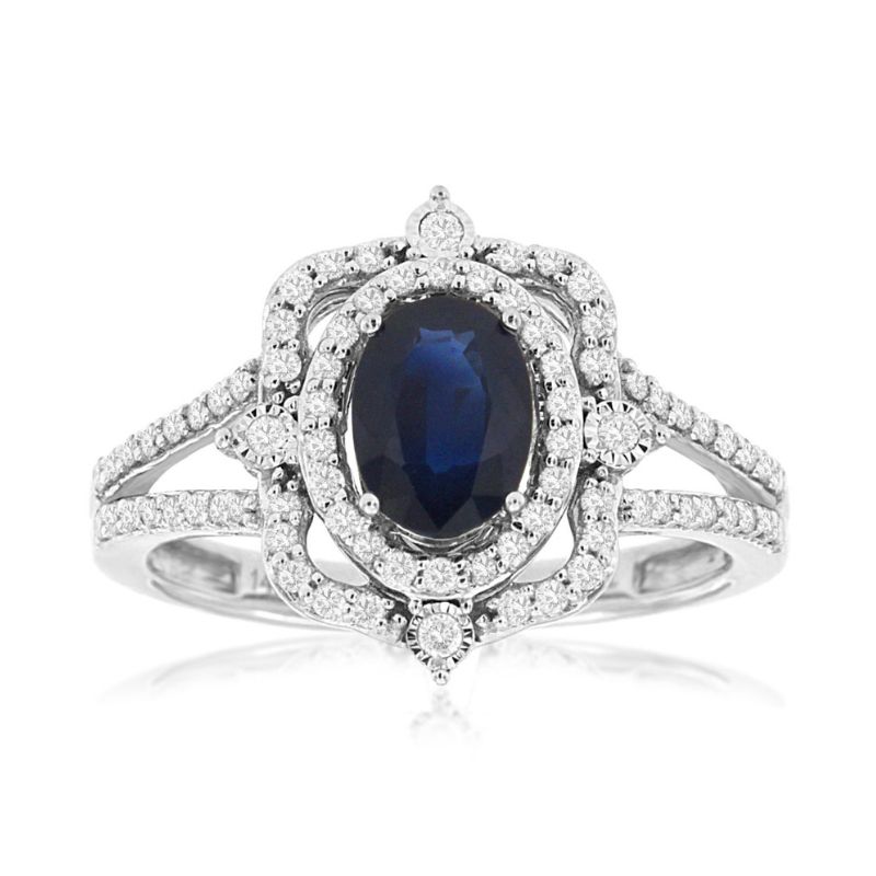 14K White Gold Sapphire Double Halo Split Shank Ring