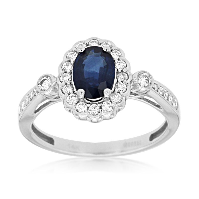 14K White Gold Sapphire and Diamond Scalloped Halo Ring