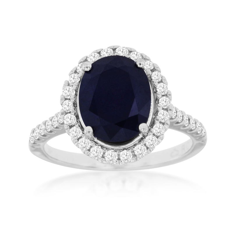 14KW 2.9ct oval sapphire and 0.6ctw G-H/SI diiamond halo ring size 7