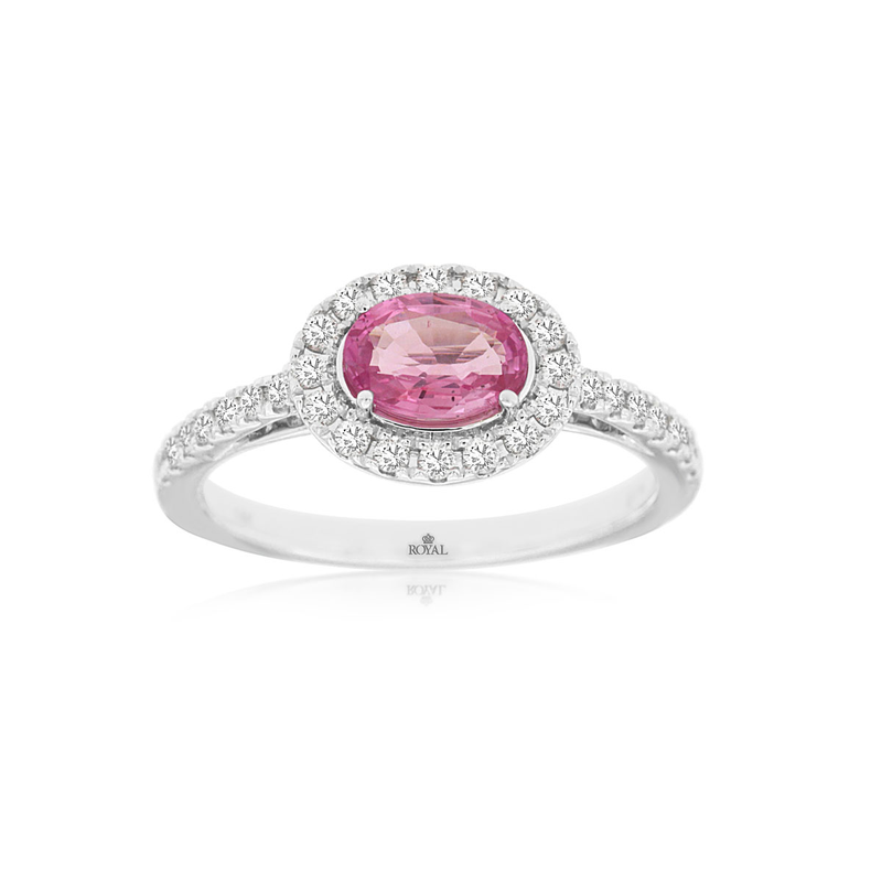 14KW 1ct oval pink sapphire and 0.33ctw G-H/SI diamond halo ring size 7