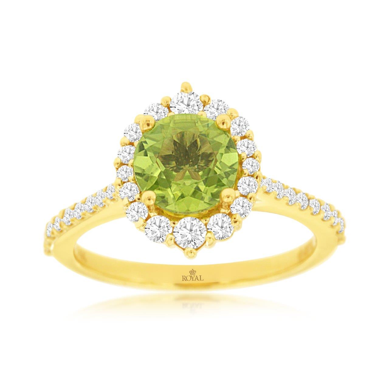 14KY 1.4ct peridot and 0.49ctw G-H/SI diamond halo ring size 7