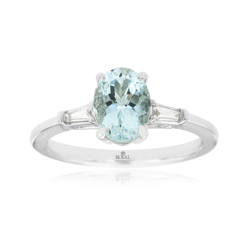 14KW 1.1ct oval aqua and 0.11ctw G-H/SI diamond ring size 7