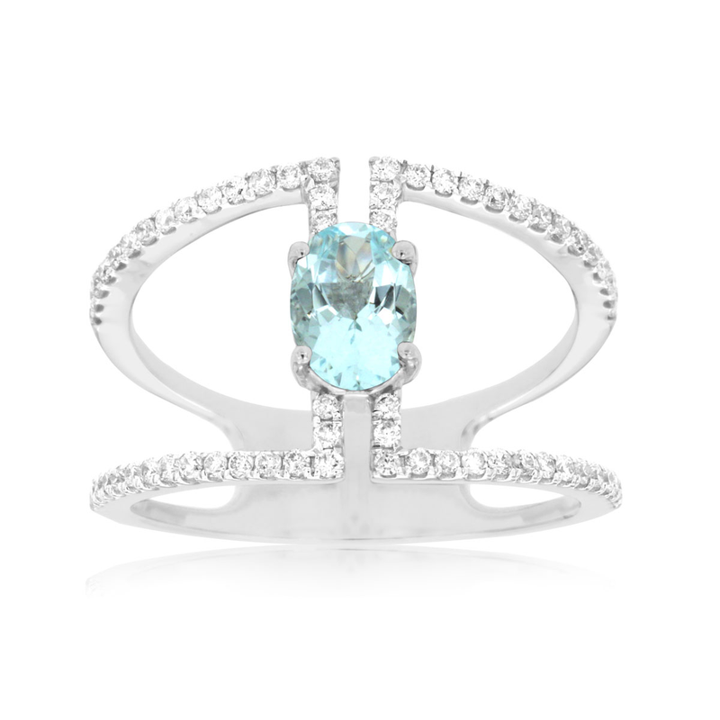 14KW 0.68ct oval aqua and 0.35ctw G-H/SI diamond ring size 7