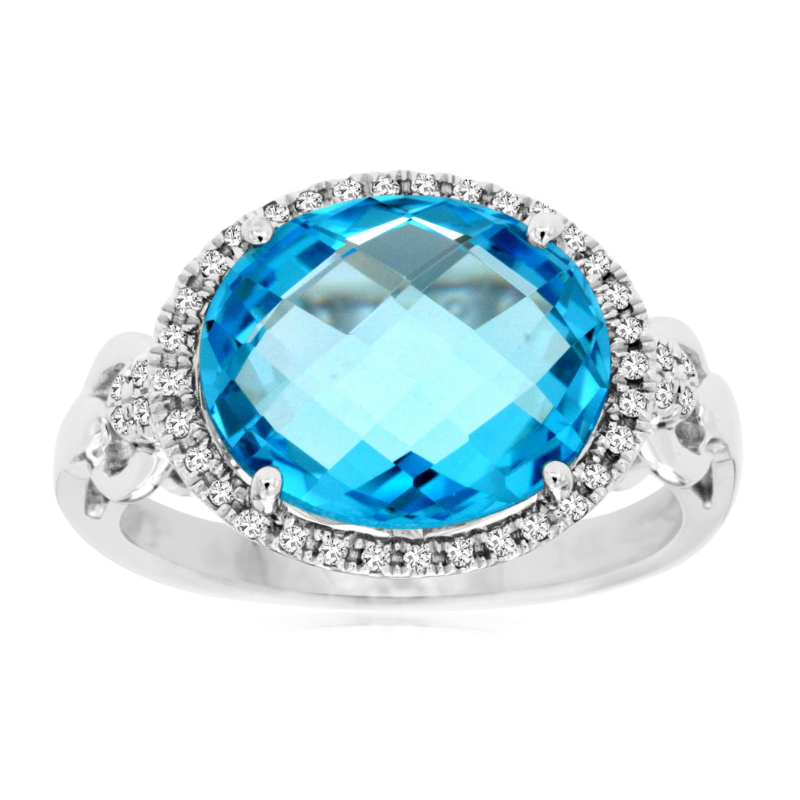 14KW 5.5ct oval blue topaz and 0.18ctw G-H/SI diamond halo ring size 7